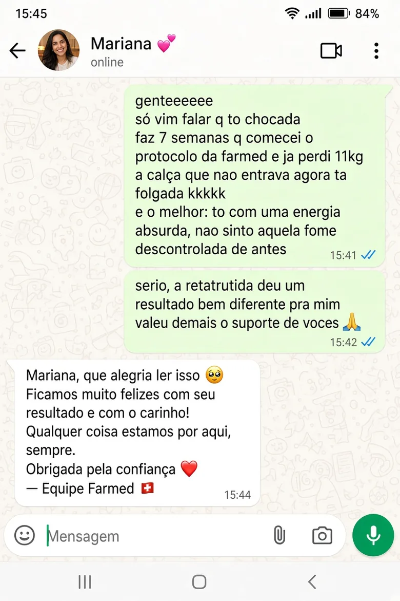Conversa de WhatsApp em que Mariana relata 11 kg em 7 semanas de protocolo