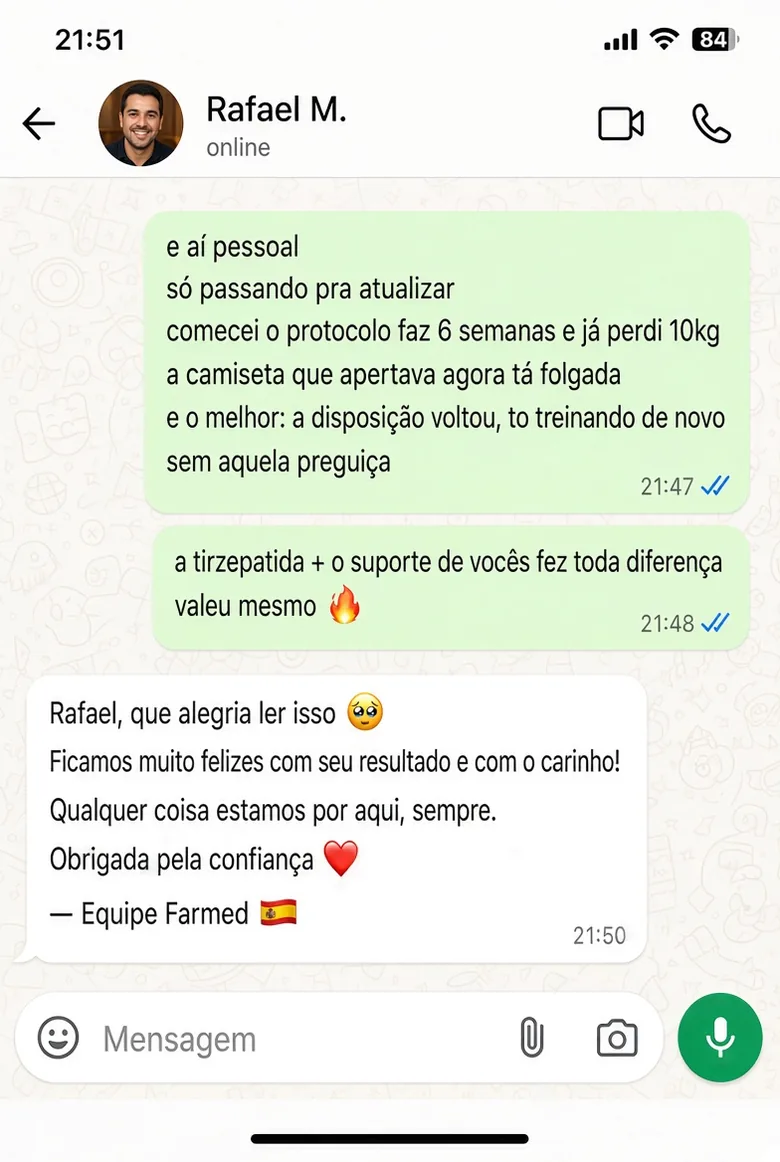 Conversa de WhatsApp em que Rafael relata 10 kg em 6 semanas de protocolo